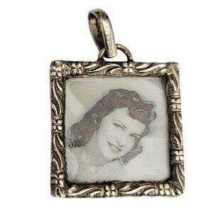 Sterling Silver Glass Framed B&W Lady Face Pendant, M615